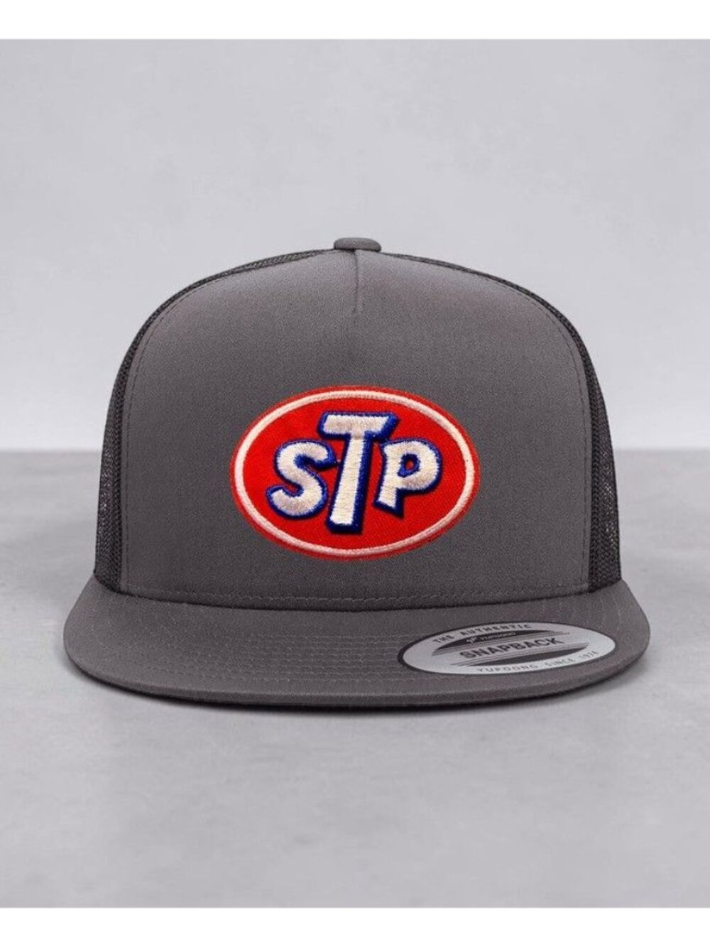 STP Gas Oil Logo Patch on YP Flat Bill Trucker Hat Mesh Back Snapback charcoal/b